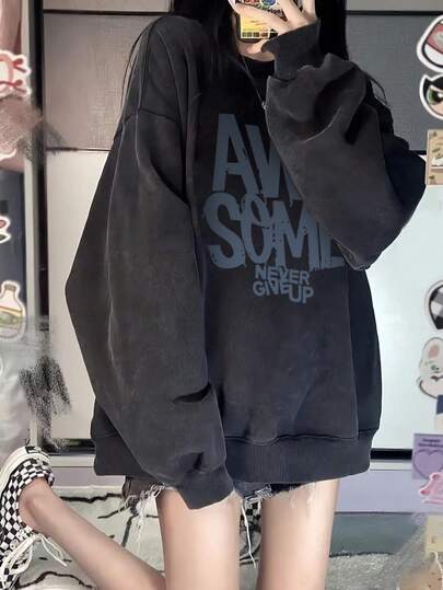 女士Y2K宽松纯棉舒适水洗黑色嘻哈美式撞色英文印花休闲度假居家街头时尚学生卫衣，秋冬款