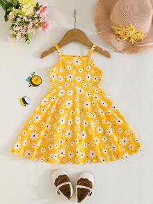 3pcs/Set Baby Girls' Vacation Style Spaghetti Strap Dress, Cute Daisy & Bee Print Casual Dress For Spring/Summer - Multicolor - View 3