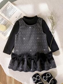 2 件套女婴优雅林地风格高领长袖上衣和 3D 蝴蝶结无袖连衣裙套装，春秋