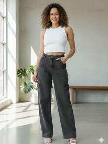 Women's Colorful Cargo Jeans 2023 New - Dark Grey - View 1