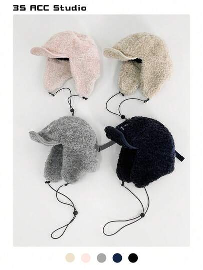 1 件复古字母蓬松领带捕兽帽，女士保暖耳罩羊毛飞行员帽，冬季甜心辣妹保暖领带帽檐棒球帽，新款加厚防风防寒棒球帽