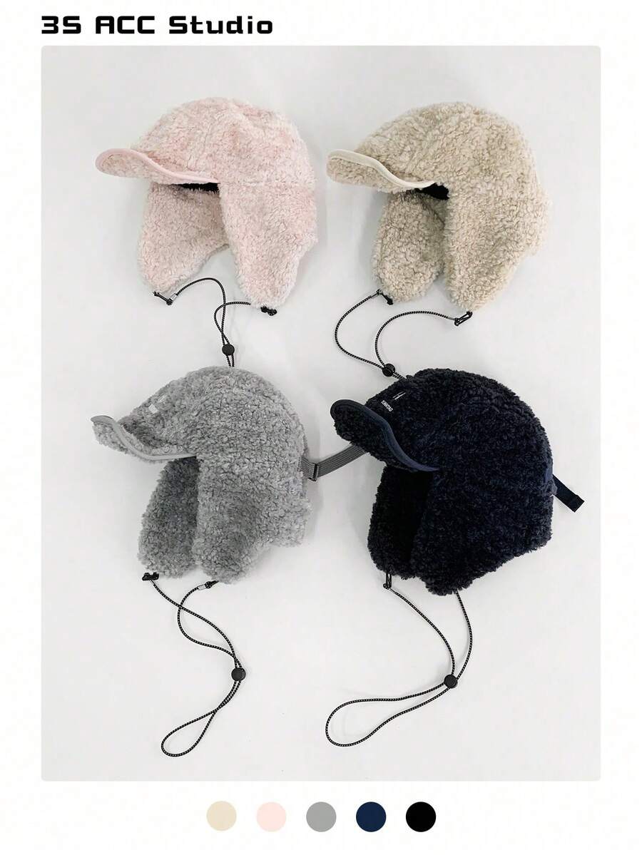 1 件复古字母蓬松领带捕兽帽，女士保暖耳罩羊毛飞行员帽，冬季甜心辣妹保暖领带帽檐棒球帽，新款加厚防风防寒棒球帽