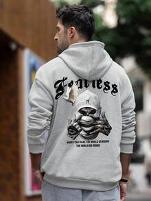 男士宽松保暖连帽衫，秋冬街头风格 - 灰色 - 查看 2