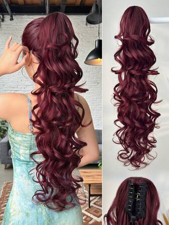 酒红色爪形马尾接发，28英寸长，自然波浪，耐热纤维合成马尾假发，适合女孩和女士日常佩戴，也适合派对场合。