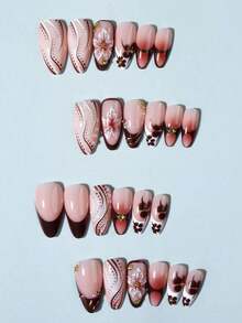 24pcs Almond Shaped 3D Gel Nail Stickers, Floral Nail Art Design, French Tip Style, Medium Size Metal Cross Decor, Pearl Accent, Perfect For Acrylic Nail Tips, Includes: 1pc Jelly Gel And 1pc Nail File. Almond Shaped French Nail Stickers, Suitable For Women's Daily Work, Festivals And Parties. - 棕色 - 查看 5
