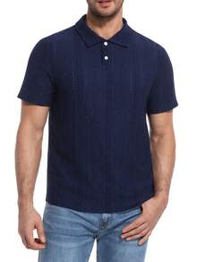 男士针织Polo衫 短袖 纹理纽扣领 休闲夏季高尔夫球衫 - 寶藍色 - 查看 4