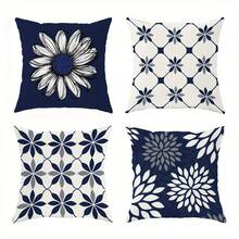 4 Packs Modern Geometric & Floral Pattern Throw Pillow Covers - 17.7*17.7 Inches, 2D Digital Single-Side Printing, Blue & White, Stylish Decor For Farmhouse, Living Room, Bedroom, Sofa, Porch, Patio, Machine Washable With Zipper, Inserts Not Included - Multicolor - View 10