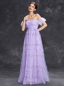 Off-The-Shoulder 3D Embroidered Lace Wedding Dress With Delicate Straps And A Full Skirt - Mauve Purple - View 1