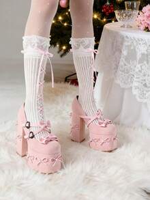 Pink Bow Platform Heels Gothic Mary Jane Pumps For Women Chunky High Heels Buckle Block Heels Sweet Lolita Cosplay Dress Shoes For Christmas Party Auspicious New Year Gifts Valentine Day - Hồng - Xem 5