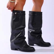 1 Pair Foldover Pleated Boots, Fashion Buckle Flat Comfortable Solid Color Western Style Casual Faux Leather Strap Over-The-Knee Mid-Calf Boots, Suitable For Holidays And Parties, Autumn/Winter - Black - View 8