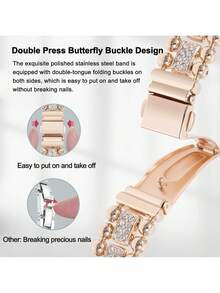 Fashionable Rhinestone Stainless Steel Watch Band Compatible With Apple Watch 38mm/40mm/41mm/42mm/44mm/45mm/46mm/49mm, Compatible With Apple Watch Series Ultra3/2/1 SE /S11/S10/S9/S8/S7/S6/S5/S4/S3/S2/S1, Waterproof , Suitable For Women's Daily Wear - Rose Gold - View 3