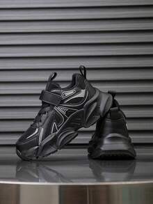 1 Pair Kids Sports Shoes, Suitable For All Seasons, Color Blocking Design, Comfortable Breathable, Versatile, Lightweight, Non-Slip, Durable, Indoor & Outdoor, Fashion New Style Running Sneakers For Children - Black - View 10