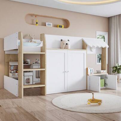 High Sleeper Wooden Bed With Three-Step Ladder And Integrated Storage Cabinets | 3ft Single (90x190cm) | Made From Pine, MDF, And Plywood In White Finish