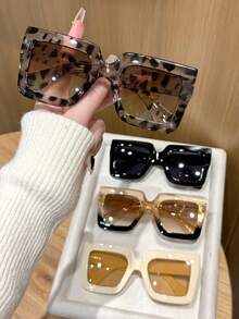 4pcs Plastic Geometric Oversized Full Frame Leopard Print Classic Retro Timeless Women's Set, Suitable For Rave Parties, Outdoor Travel, Halloween Street Photography, Music Festivals And Other Fashionable Glasses Occasions - 4pcs 黑米豹紋茶組合 - 查看 3