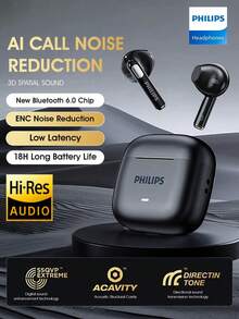 PHILIPS 飞利浦新款蓝牙6.0无线耳机，TAT1420，高保真音质，半入耳式设计，降噪功能，游戏运动通用，兼容小米和苹果手机 - 黑色 - 查看 1