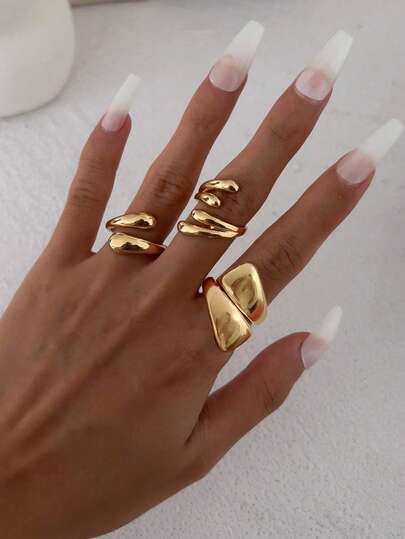 3pcs/Set Vintage Minimalist Metallic Geometric Water Drop Open Ring, Asymmetrical Fashion Multi-Layer Unique Design Thick Jewelry Set, Suitable For Women's Daily Outfit, Holiday Gift, Party And Banquet Decorative Charming Jewelry Set