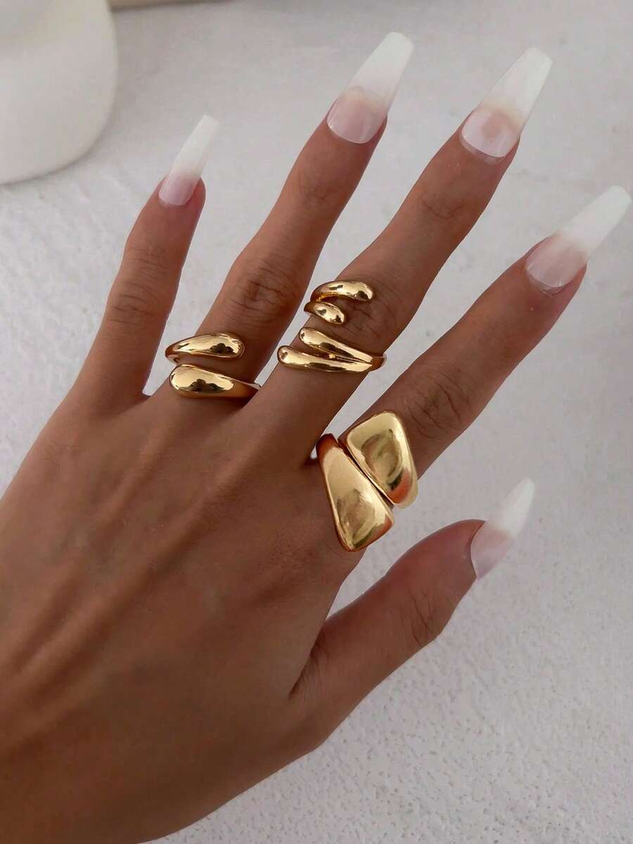 3 pièces/Set de bagues vintage minimalistes en métal à gouttes d'eau géométriques, ensemble de bijoux épais multicolores de mode asymétrique de conception unique, convient pour les tenues quotidiennes des femmes, les cadeaux de vacances, la décoration des fêtes et des banquets