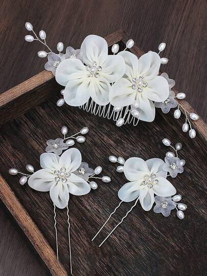 Set da 3 pezzi di nuovi accessori per capelli da sposa con fiori bianchi, pettine per capelli con perle e cristalli, fermagli per capelli in chiffon con fiori