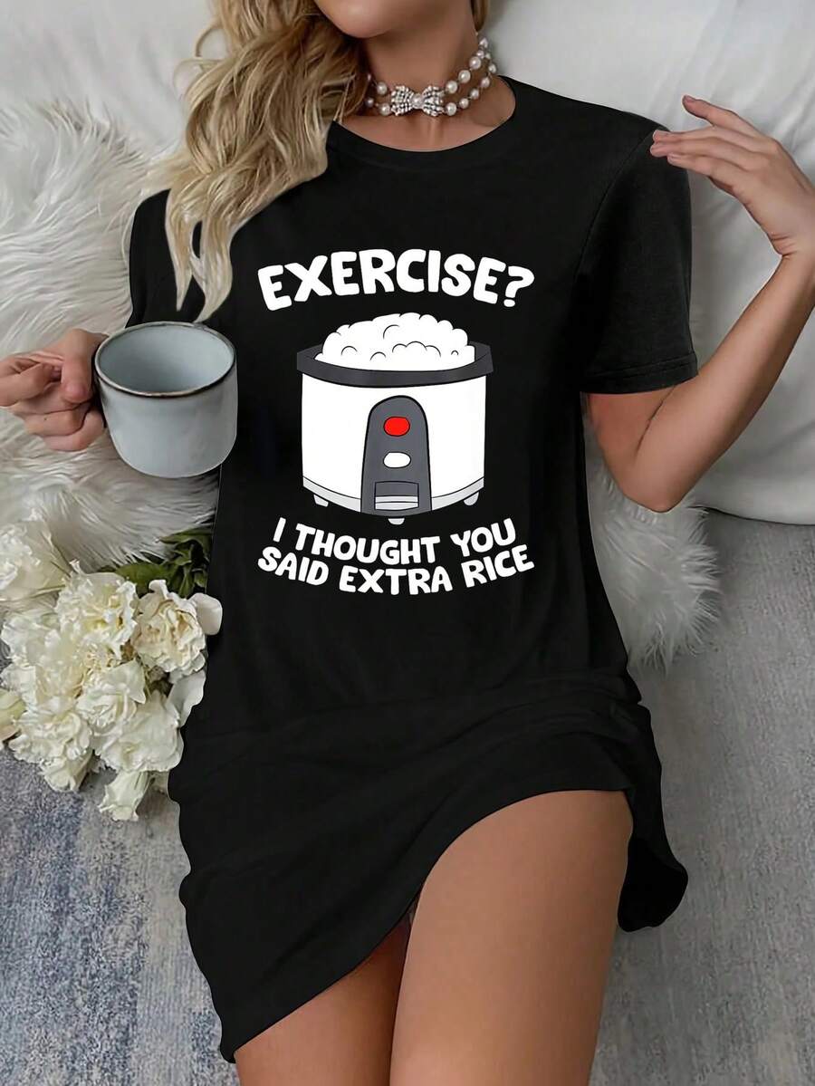 Rice Cooker Funny Exercise I Thought You Said Extra Rice T-Shirt Dress Women's Dress, Casual Summer Dress - 黑色 - 查看 1