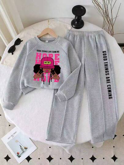 Tween Girl Casual Everyday Commute Fashion Street Cartoon Character Slogan Print Raglan Sleeve Crew Neck Sweatshirt And Seam Front Wide Leg Sweatpants Set, Spring/Autumn