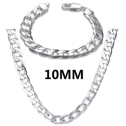 10mm 925 Sterling Silver Plated Cuban Link Necklace And Bracelet Set, Hip Hop Jewelry Gift Set For Men