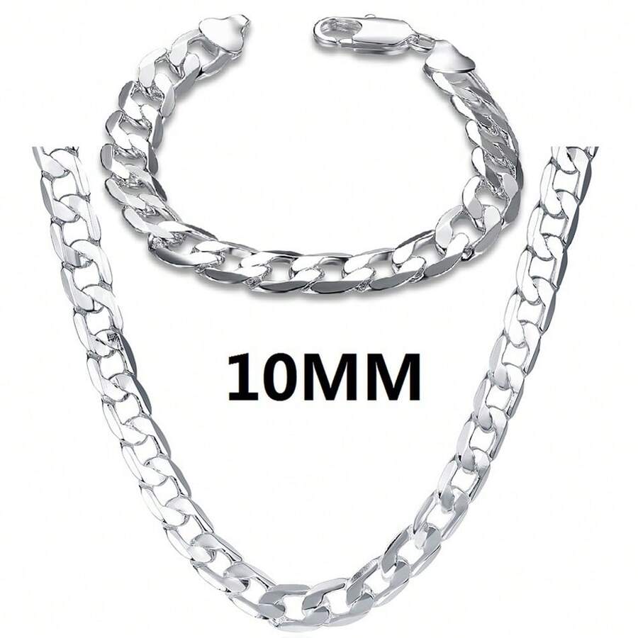 10mm 925 sterlingsilverpläterat halsband och armband med kubansk länk, hiphop-smycken i present för män - Silver - Visa 1