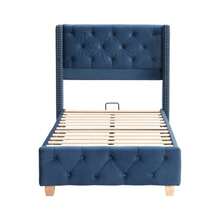 Polsterbett 90*200cm z Lattenrost und Kopfteil, Knopfpolsterung, Nietenpolsterung, Holzbeine, Samt,Grau(STARY SKU:3099934AAG) - Niebieski - Zobacz 7