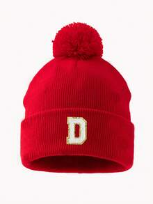 1pc Women's Fashion A-Z Letter Fuzzy Pom Pom Knit Beanie Hat, Suitable For Autumn/Winter Daily Warmth And Outfits - Red - View 22