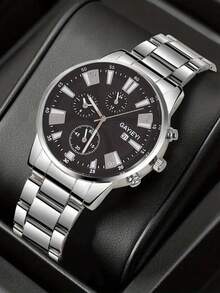 2 piezas Conjunto de reloj de lujo de negocios para hombres, reloj de cuarzo de acero inoxidable con función múltiple y esfera negra, con cartera de cuero negro con relieve. El reloj presenta un diseño de esfera bellamente diseñado y una correa de acero de alta calidad, mientras que la cartera muestra una artesanía de relieve exquisita. - Plateado - Ver 3