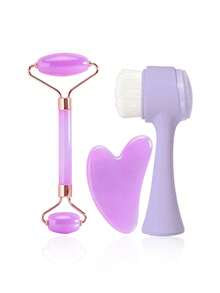 3/5/6/10pcs/Set Facial Beauty Massage Tools Cleansing Set, Includes Purple Roller, Scraper, Face Brush, Hair Band, Wristband, Hair Clips, Hair Ties, Toiletry Bag, Bulk Grooming Tools - Purple - View 12