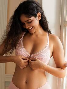 Wingslove Women's Sexy Front Closure Bra, Floral Textured Mesh Cup In Light Pink, Underwire Criss-Cross Back, Breathable & Lightweight, Everyday Wear - Pink - View 4