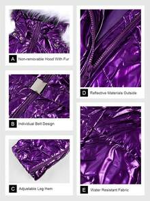 Fisoew Women's Winter Coats With Fur Collar, Thermal Snowsuit Ski Jacket Set Windproof Waterproof Warm Jumpsuit Snowboard Pants - 紫色 - 查看 4