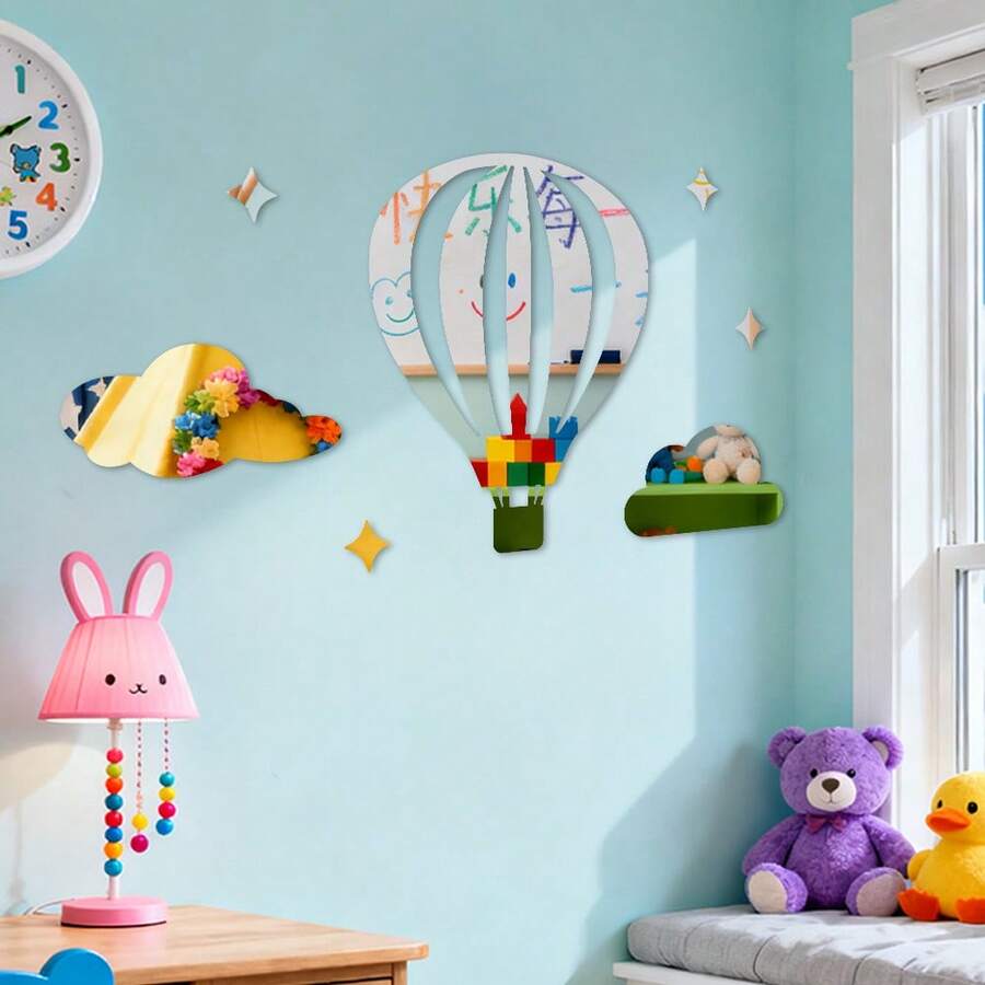 一套，3D热气球云朵星星亚克力镜面墙贴，自粘可移除，现代家居装饰，适用于客厅、卧室、儿童房墙面艺术装饰