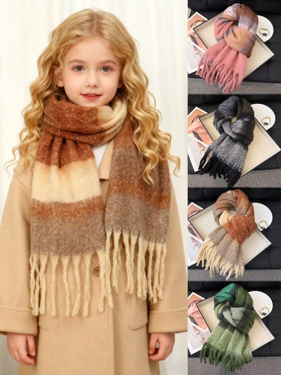 1pc Kids Winter Warm Windproof Neck Gaiter Scarf, Suitable For Daily Wear, School, Outdoor, Park, Street, Photo Shoot, Multi-Color Gradient Striped Plush Super Soft & Gentle On Kids Skin, Fashionable Decorative Accessory - Multicolor - View 1