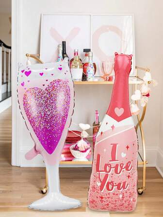 2pcs Pink Party Wine Bottle Foil Balloons, Includes Love Bottle, Love Cup Foil Balloons, Suitable For Birthday Party, Valentine's Day Decor, Wedding Anniversary, Wedding Theme Party Decorations