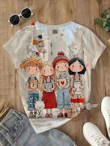 Women's Cute Printed T-Shirt, Girls' Artistic Pattern Printed Spring And Summer Outfit For Women, Ladies' Casual Round Neck Short Sleeve T-Shirt - Light Apricot - View 4