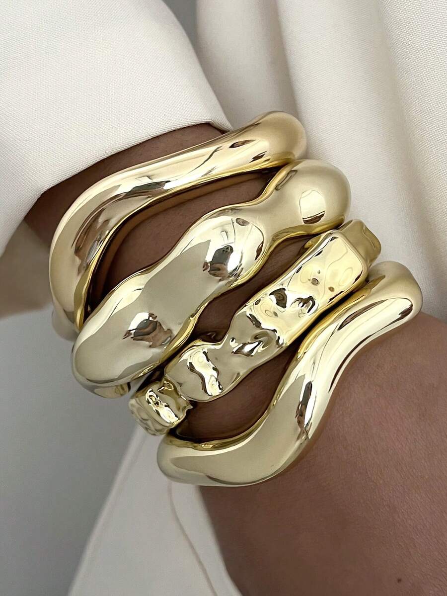 Set Gelang Bangle Minimalis Vintage 3/1 buah dari Bahan Akrilik & Resin Bergelombang, Cocok untuk Pemakaian Sehari-hari Wanita, Dapat Ditumpuk, Pilihan Hadiah Sempurna untuk Liburan - Emas 3 - View 1