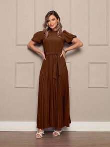 Women's Long Crepe Dress With Puff Sleeves, Tie Waist, And Pleated Skirt - Elegant And Sophisticated - 巧克力棕 - 查看 4