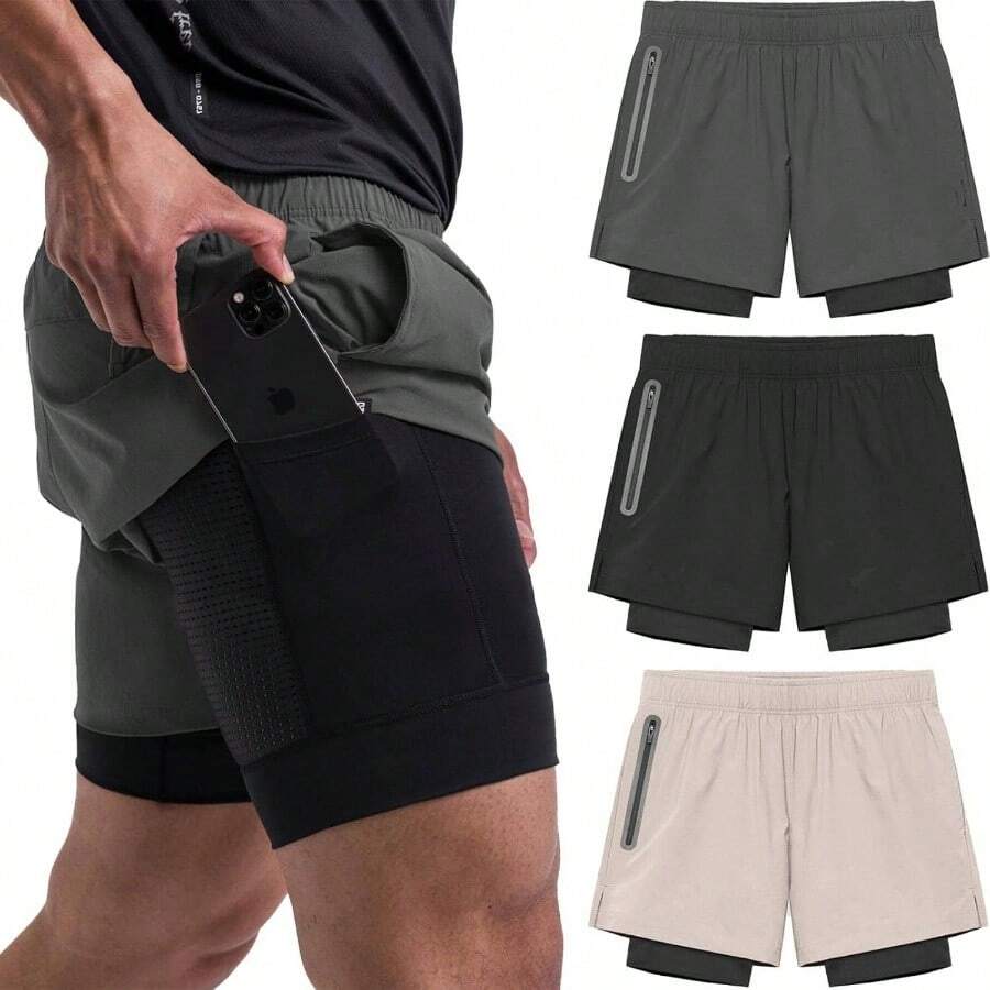 Shorts Deportivos Hombre 2 EN 1, 3PCS Short con Licra Hombre, Short 2 en 1 Hombre con Bolsillo Interior Forrado Secado Rpido y Comodida, Sper Transpirabl, Apto para Gym, Correr, Entrenamiento - M + black, Blanco y Gris - Ver 1