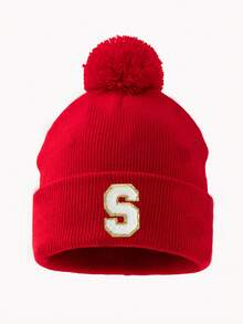 1pc Women's Fashion A-Z Letter Fuzzy Pom Pom Knit Beanie Hat, Suitable For Autumn/Winter Daily Warmth And Outfits - Red - View 34