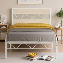 VECELO Double Size Bed Frame With Wooden Headboard, Steel Slat Support, Modern Platform Bed, Easy Assembly - Apricot - View 10