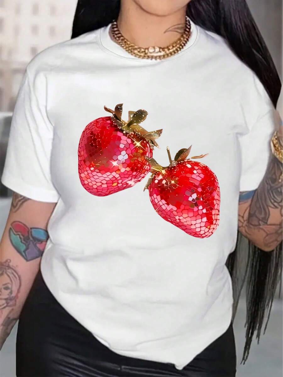 Strawberry Sequin T Shirt Women Fashion Cute Fruit Graphic Tee Party Outfit Summer Casual Wear Fun Statement Top - trắng - Xem 1