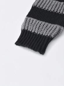 Casual Contrast Color Striped Dropped Shoulder Loose Knit Sweater, Autumn/Winter - Black - View 4