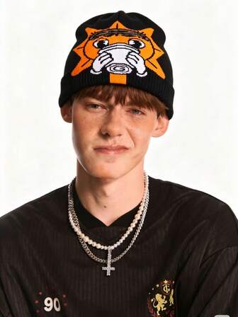 The Cartoon Street Acrylic Color-Blocked Jacquard Knitted Hat And Warm Woolen Hat Are Unique, And Fashionable, Suitable For Wearing In Autumn And Winter For Warmth