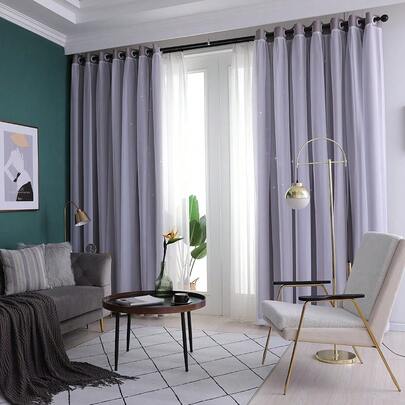 2PCS 101.6*213.4cm Simple And Elegant High Blackout Breathable Hollow Stars Double Curtains, Suitable For Home Bedroom, Living Room And Other Decorative