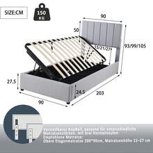 Upholstered Children's Bed 90x200 Cm, Hydraulic Storage Bed, Soft Linen Loft Bed, Grey - Gray + Soft Pack - View 7