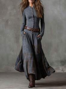 Female  Lady's Autumn Vintage Dress, With Checked Patchwork Design, Exudes A Vintage Charm. It Features Pockets, Buttons And A Belt. Ideal As A Christmas Gift Or For . - 藏青色 - 查看 5