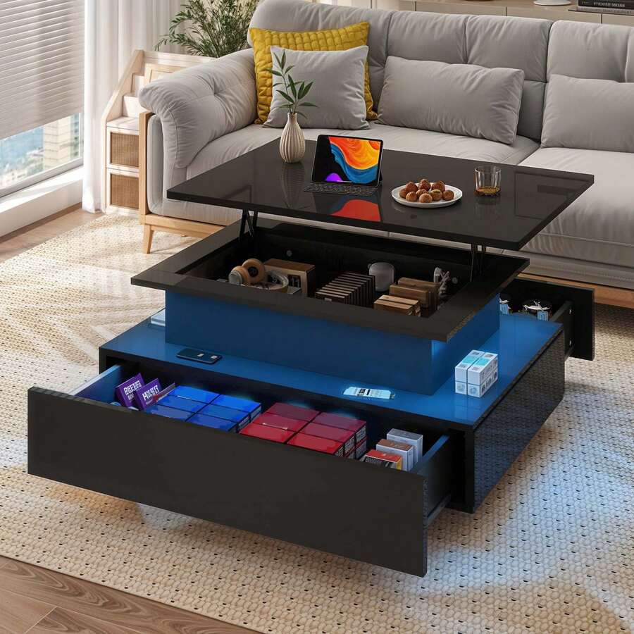 BALCONERA GeoTower Lift Top Coffee Table – High Glossy Modern Wooden Rectangle Tea Table With LED Strip & 2 Drawers - Black - View 1