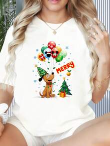 Mickey Mouse And Pluto Christmas T-Shirt Merry Holiday Balloons Tree Gift Design Women's Casual TopWomen's T-Shirt With Round Neck And Short Sleeves, Disney Theme Fun Printing, Suitable For Christmas Partysports Activitiesholiday PartiesoutingsNew Year Gift Sports And Other Holiday Gifts (220g). - White - View 4
