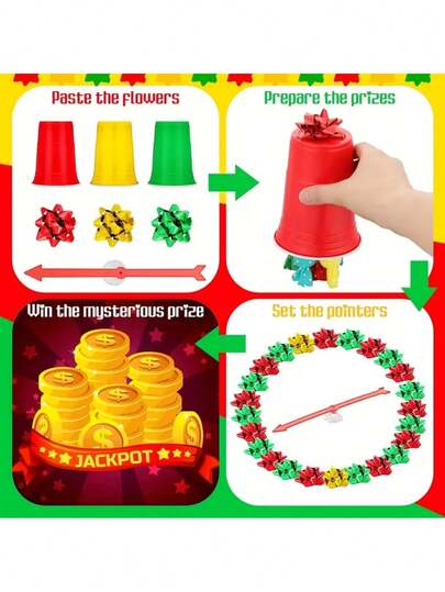 45 piezas, Rueda de juego de fiesta de Navidad, Juego de lotería de ruleta de Navidad, que incluye 30 flores de estrella de plástico, 14 vasos desechables y 1 rueda con puntero, adecuado para sorteos de premios y suministros para fiestas